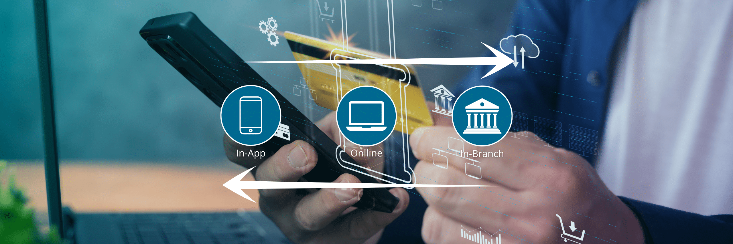 Person tapping a card with the words in app, online and in branch overlaid