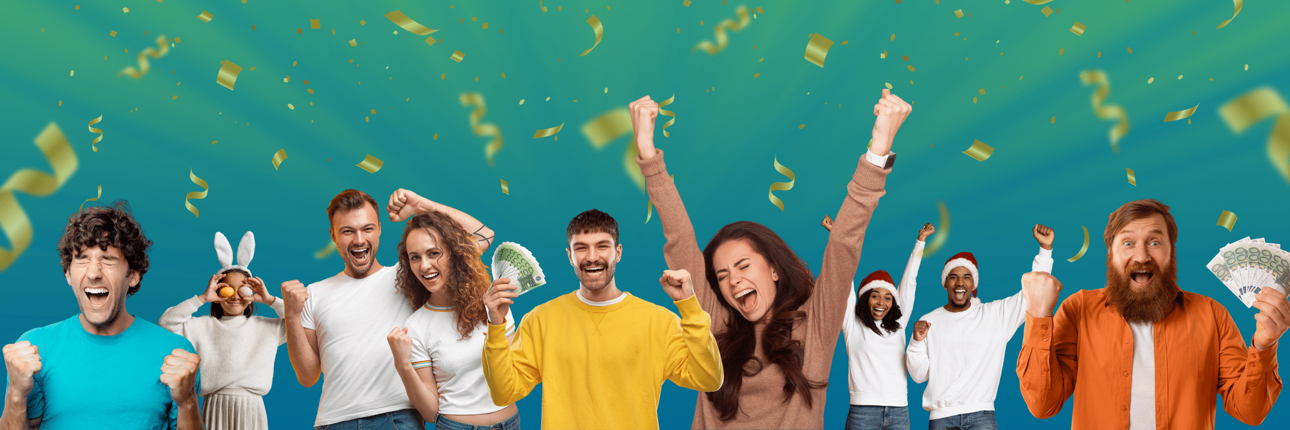 Lots of different happy people winning prize draw money